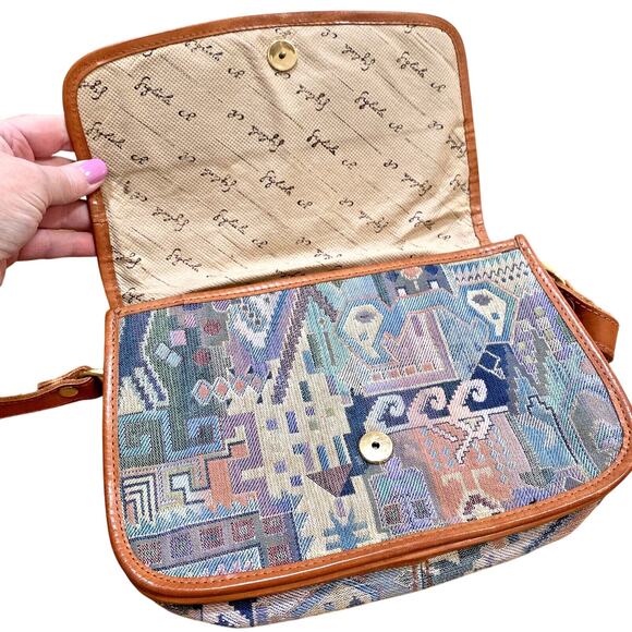 Italian Tapestry Purse 1980s Multicolor & Tan Leather Shoulder Bag Unique Retro - Picture 7 of 11